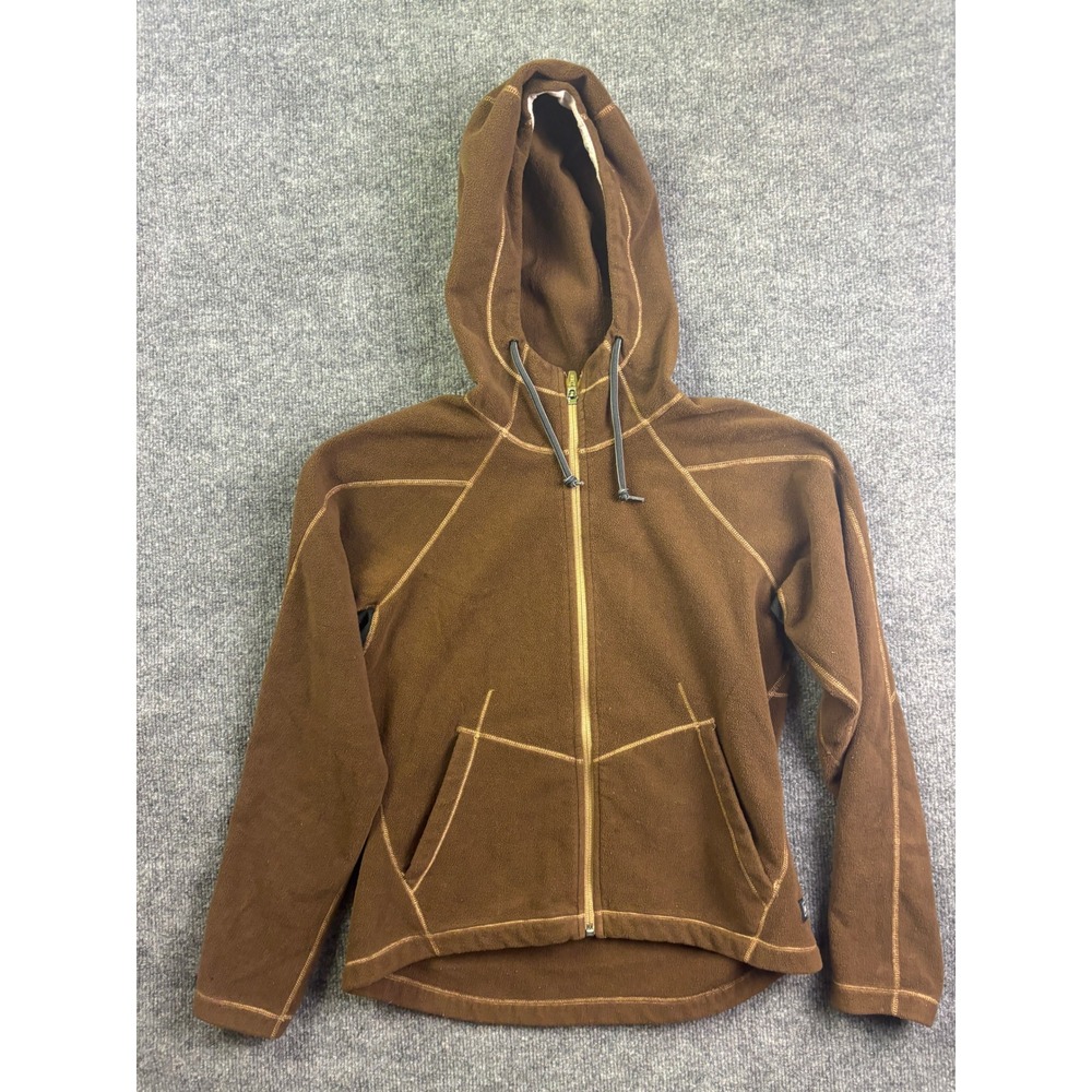 REI Fleece Full Zip Hoodie Women Small Brown Contrast Stitch Outdoor Jacket
